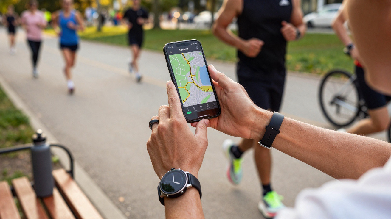 Pessoa a consultar aplicativo de mapas num smartphone enquanto corredores passam numa pista ao ar livre.