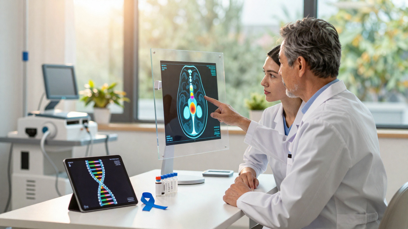 Doutores em consulta analisam imagem médica de próstata com exame de ADN numa mesa de consultório.