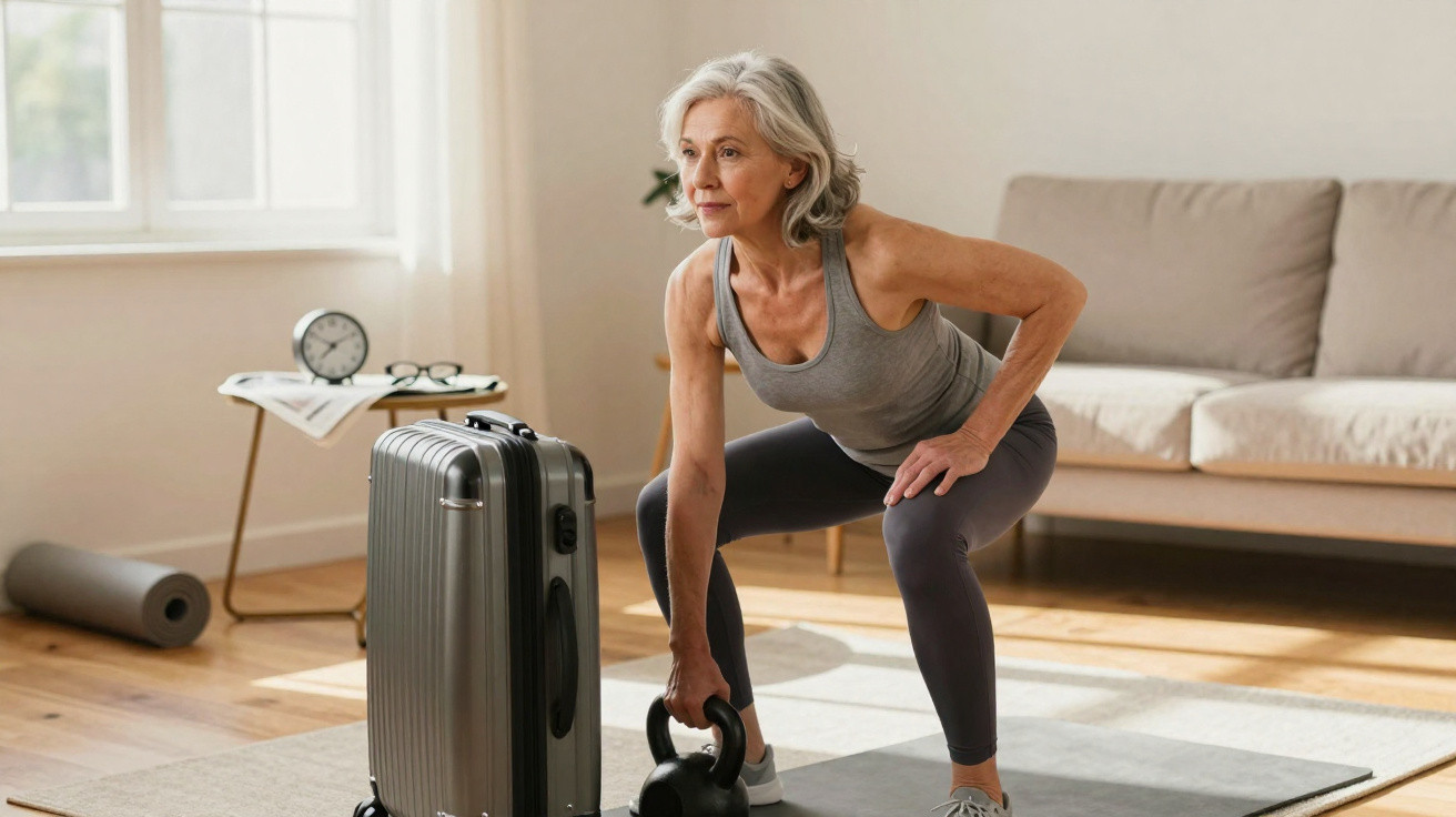 Mulher sénior a fazer exercício com kettlebell dentro de casa, ao lado de uma mala de viagem.