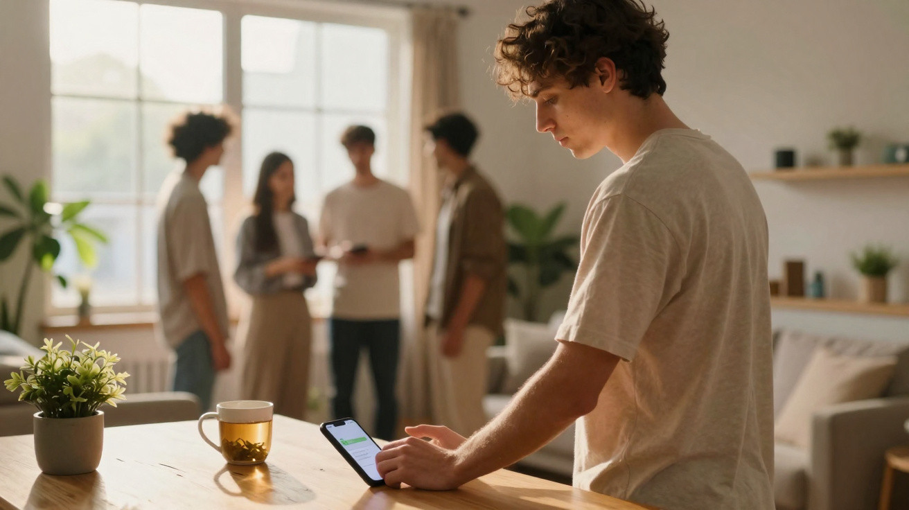 Jovem a usar telemóvel numa sala com grupo de pessoas ao fundo, todos em ambiente iluminado e descontraído.