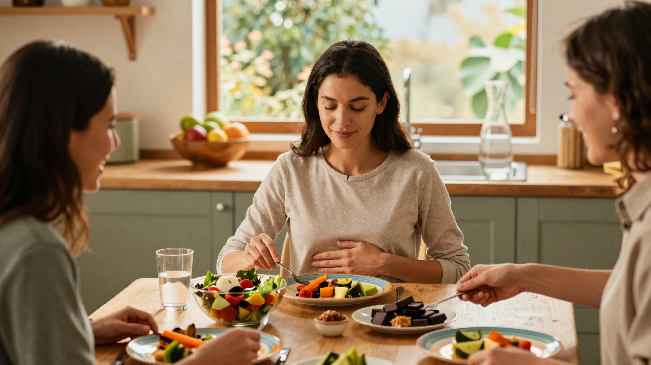 Três mulheres a comerem uma refeição saudável com salada e legumes sentadas à mesa numa cozinha luminosa.