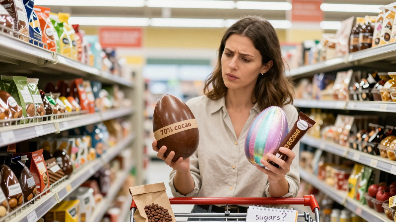 Mulher no supermercado a comparar ovos de Páscoa de chocolate na mão, expressão pensativa.