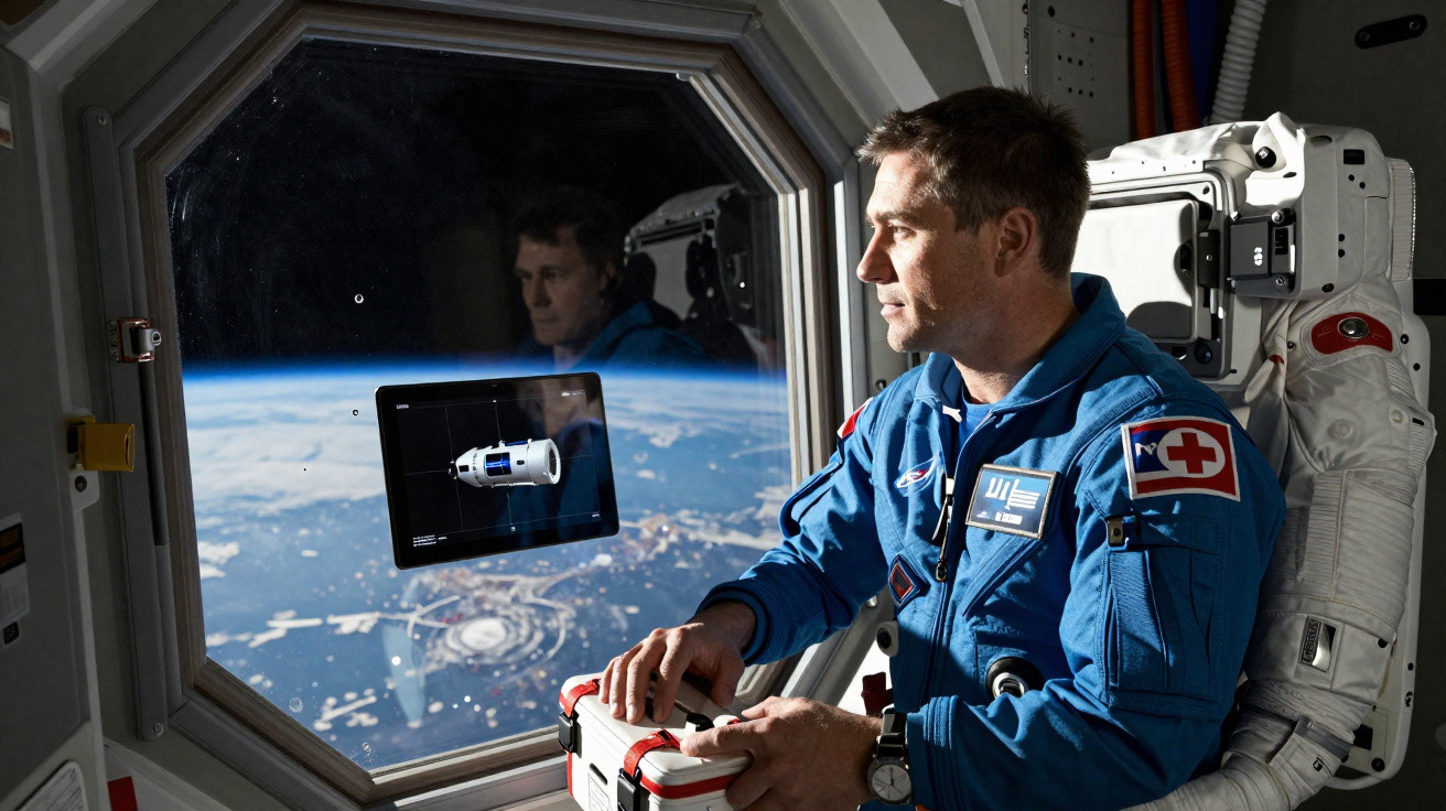 Astronauta em fato azul dentro de uma nave espacial olhando para a Terra através de uma janela.
