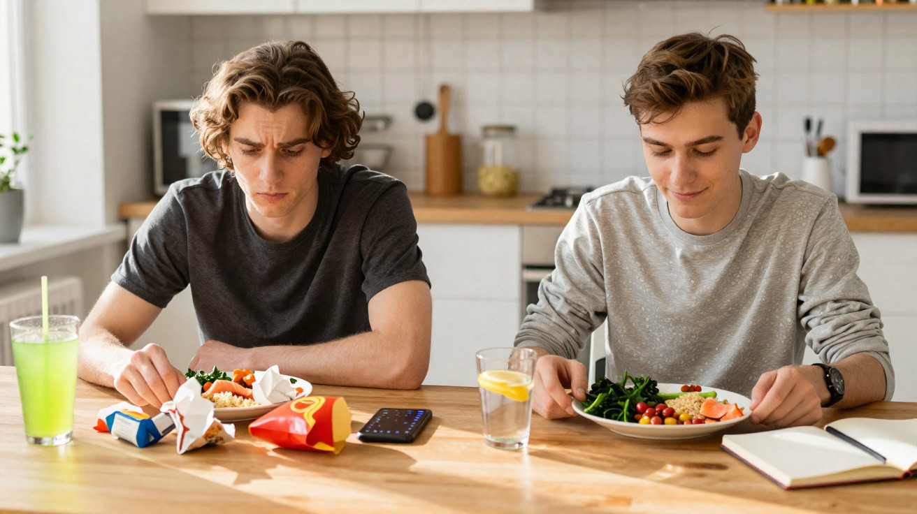 Dois jovens sentados à mesa com refeições frente a eles, um com comida rápida e outro com comida saudável.