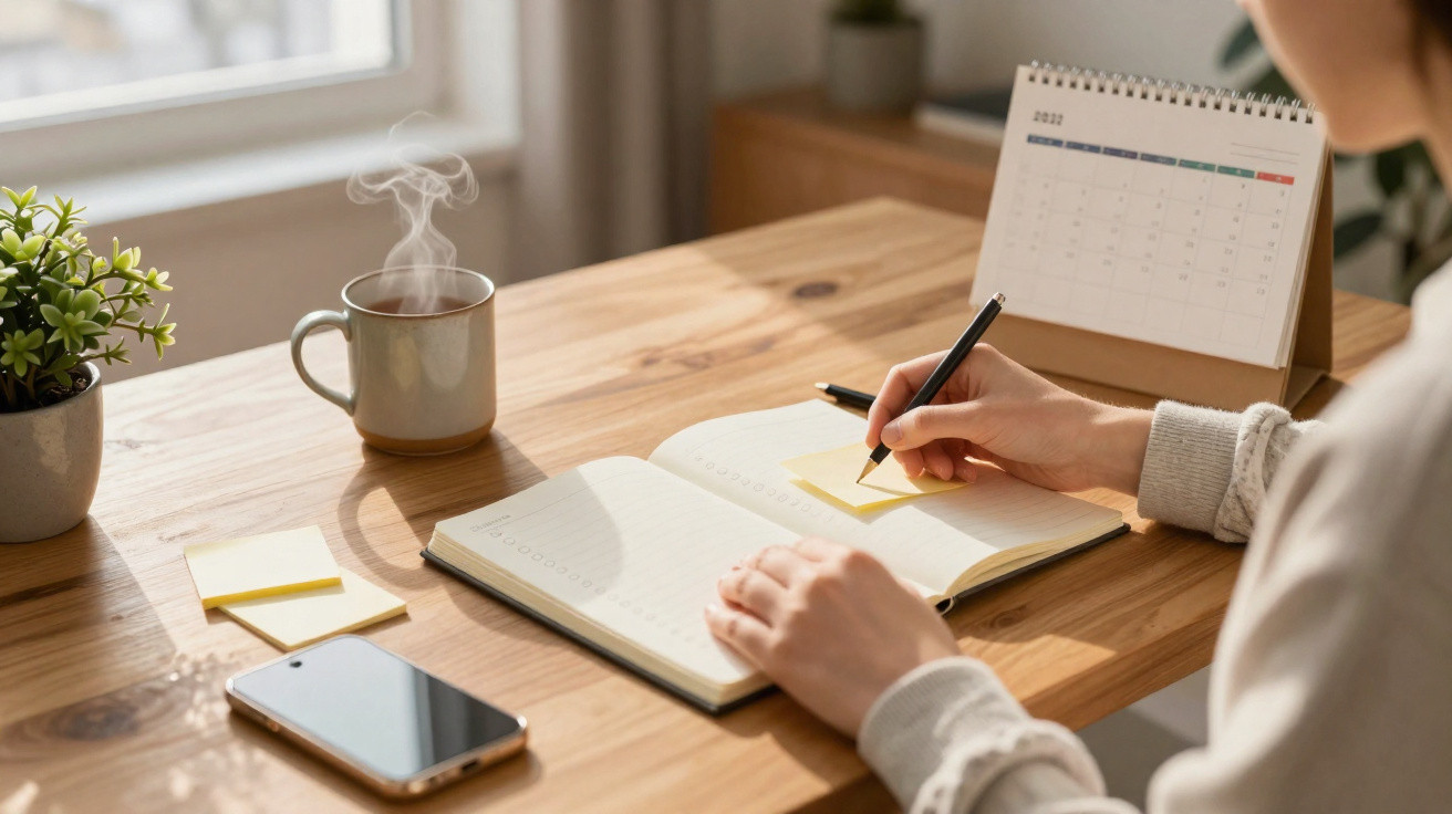 Pessoa a escrever num post-it em cima de uma agenda aberta numa mesa com chá, telemóvel e calendário.