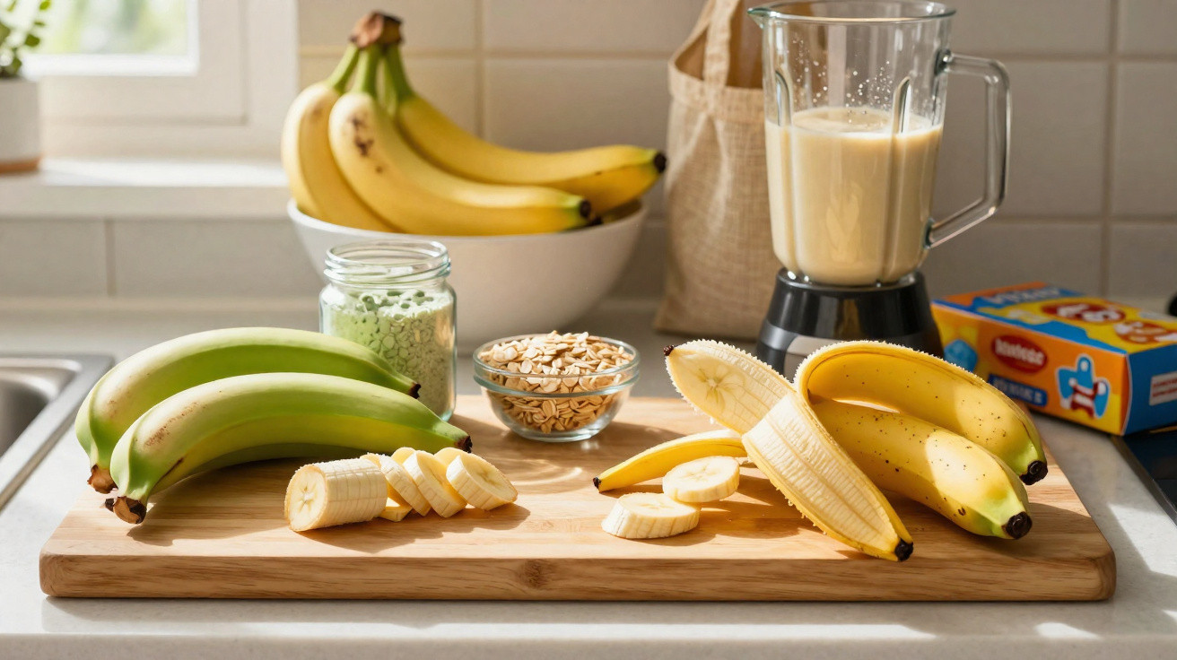 Bancada de cozinha com bananas, aveia, jarro de aveia e liquidificador com batido.