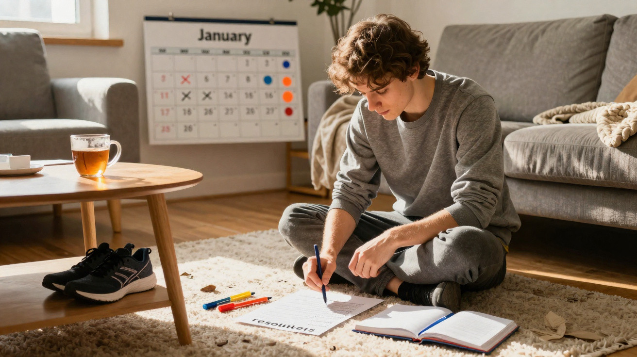 Jovem sentado no chão a escrever resoluções de Ano Novo num papel, com canetas e calendário ao fundo.