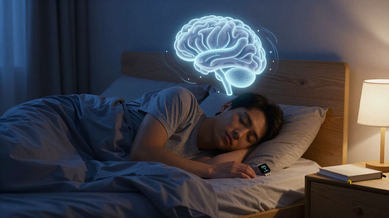 Homem a dormir numa cama com pensamento de cérebro iluminado acima da cabeça, quarto escuro e luminária ligada.
