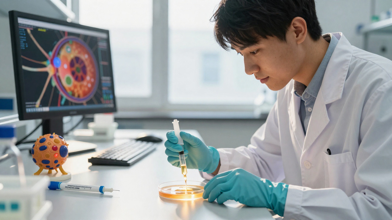 Cientista asiático a usar pipeta em placa de Petri, com imagem de vírus no ecrã do computador ao fundo.