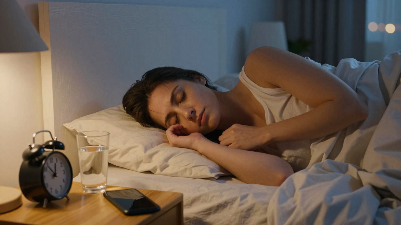 Mulher a dormir na cama com luz suave, relógio, copo de água e telemóvel na mesa de cabeceira.