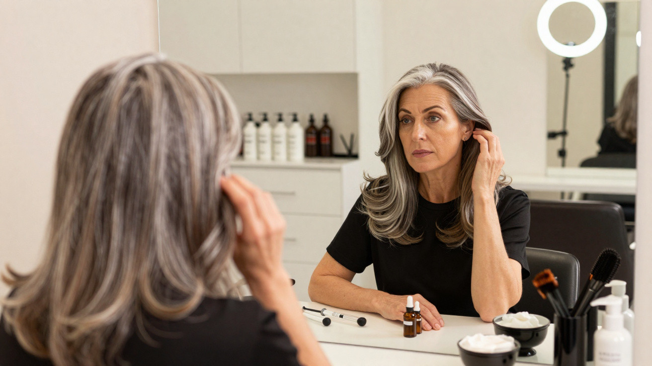 Mulher de cabelos grisalhos aplica sérum facial enquanto se olha ao espelho num ambiente de beleza.