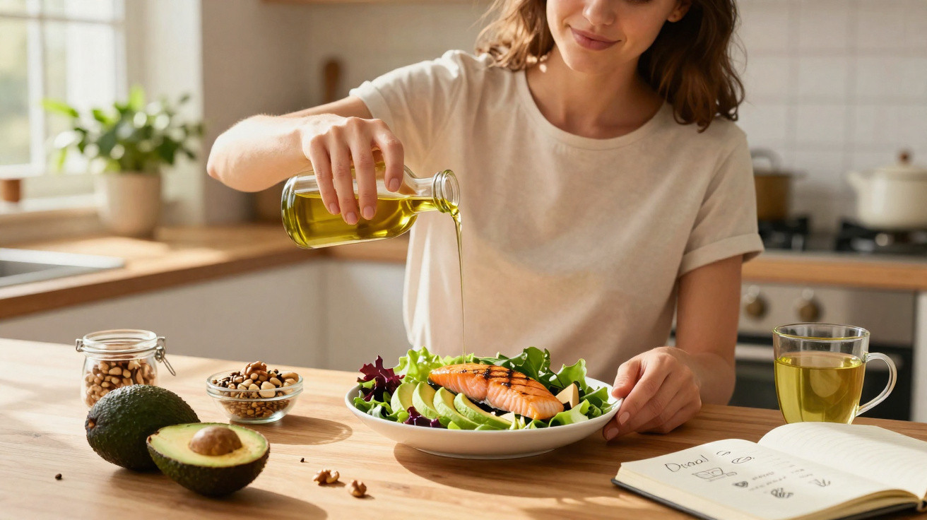 Mulher a temperar salada com salmão, abacate e folhas verdes numa cozinha luminosa.