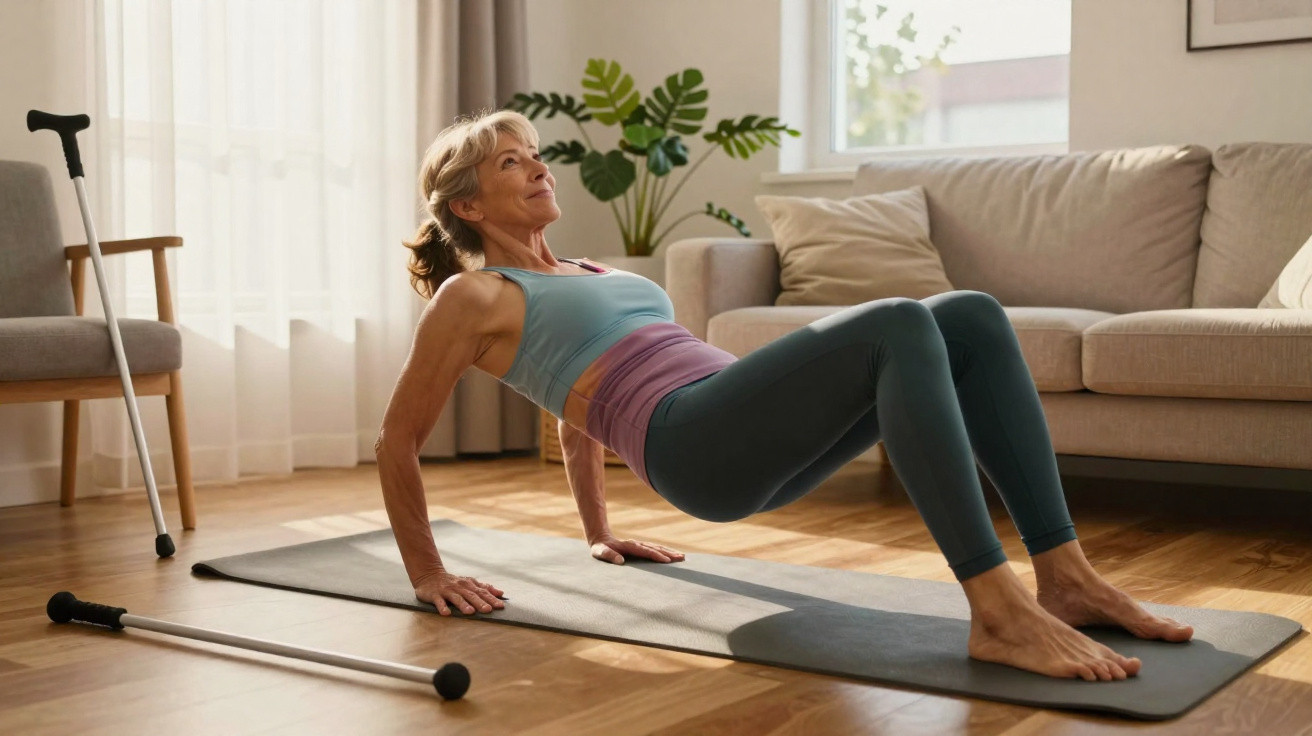 Mulher sénior a fazer exercício físico no tapete de yoga na sala de estar, com bengalas ao lado.