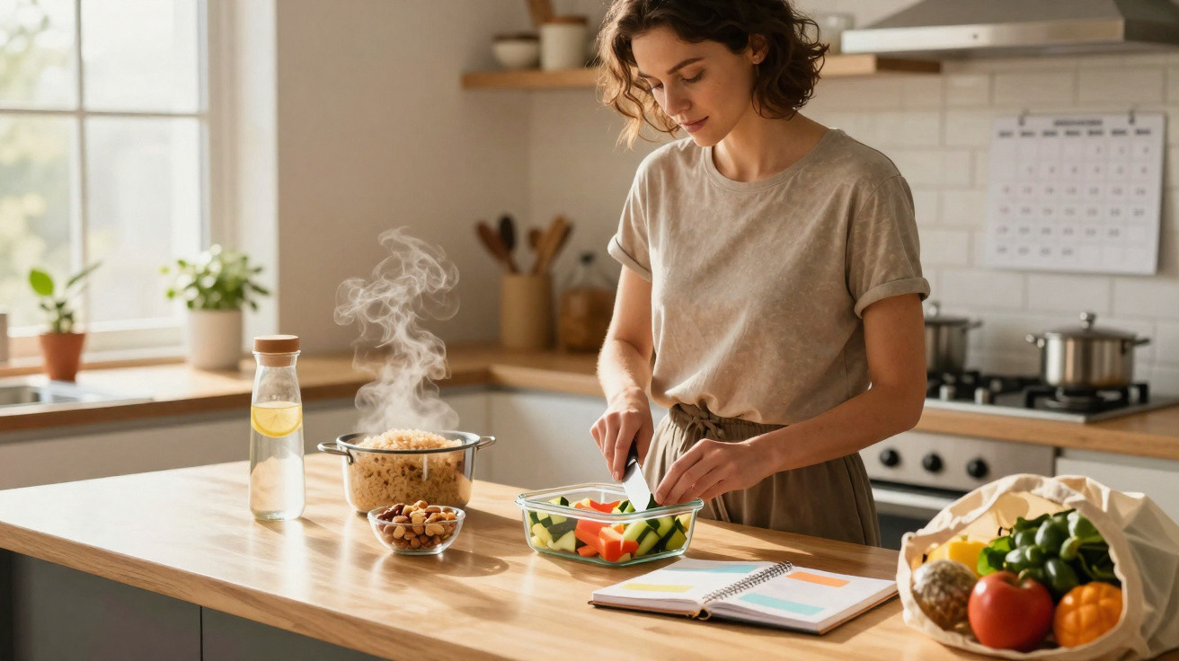 Mulher prepara salada numa cozinha moderna com alimentos frescos e legumes cortados numa taça.