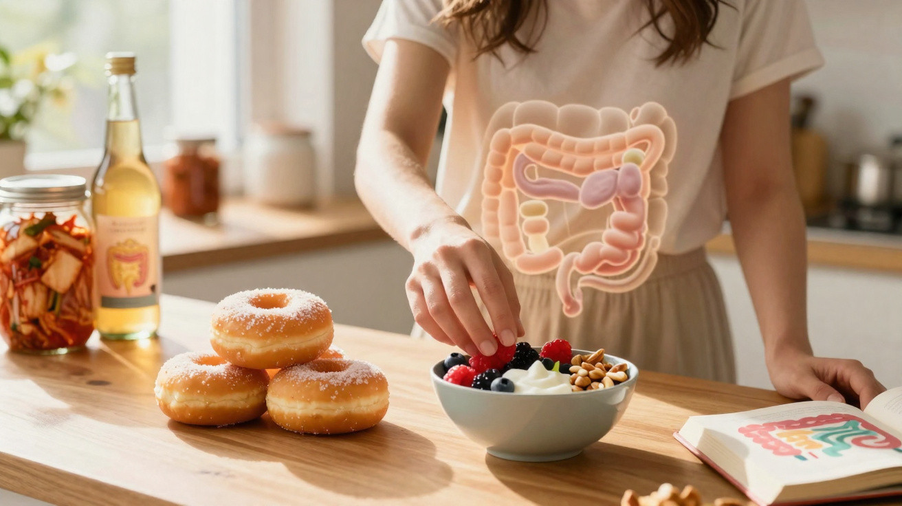 Pessoa a escolher frutas frescas para promover a saúde intestinal, com donuts ao lado num balcão de cozinha.