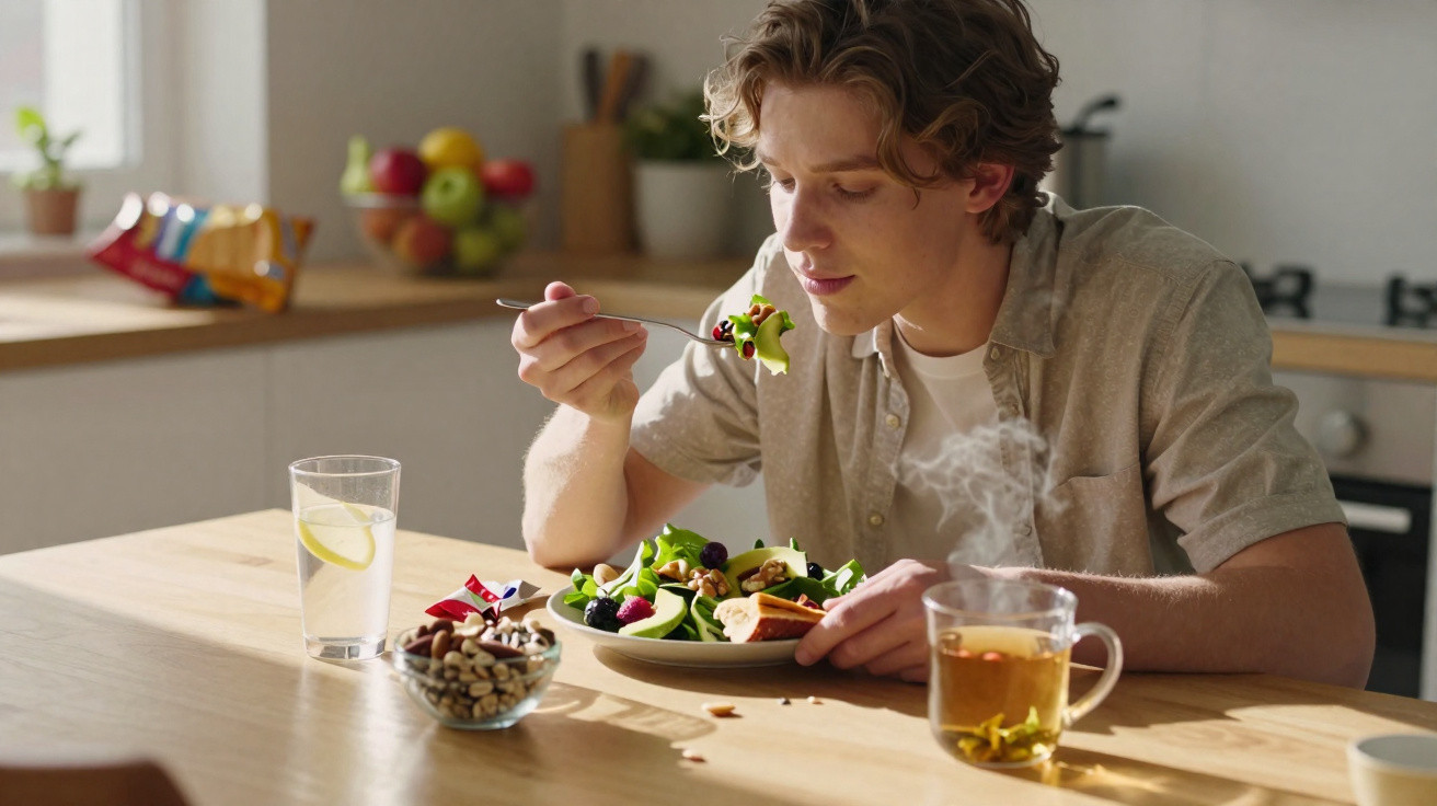 Homem jovem a comer salada ao pequeno-almoço numa cozinha com chá quente e água com limão na mesa.