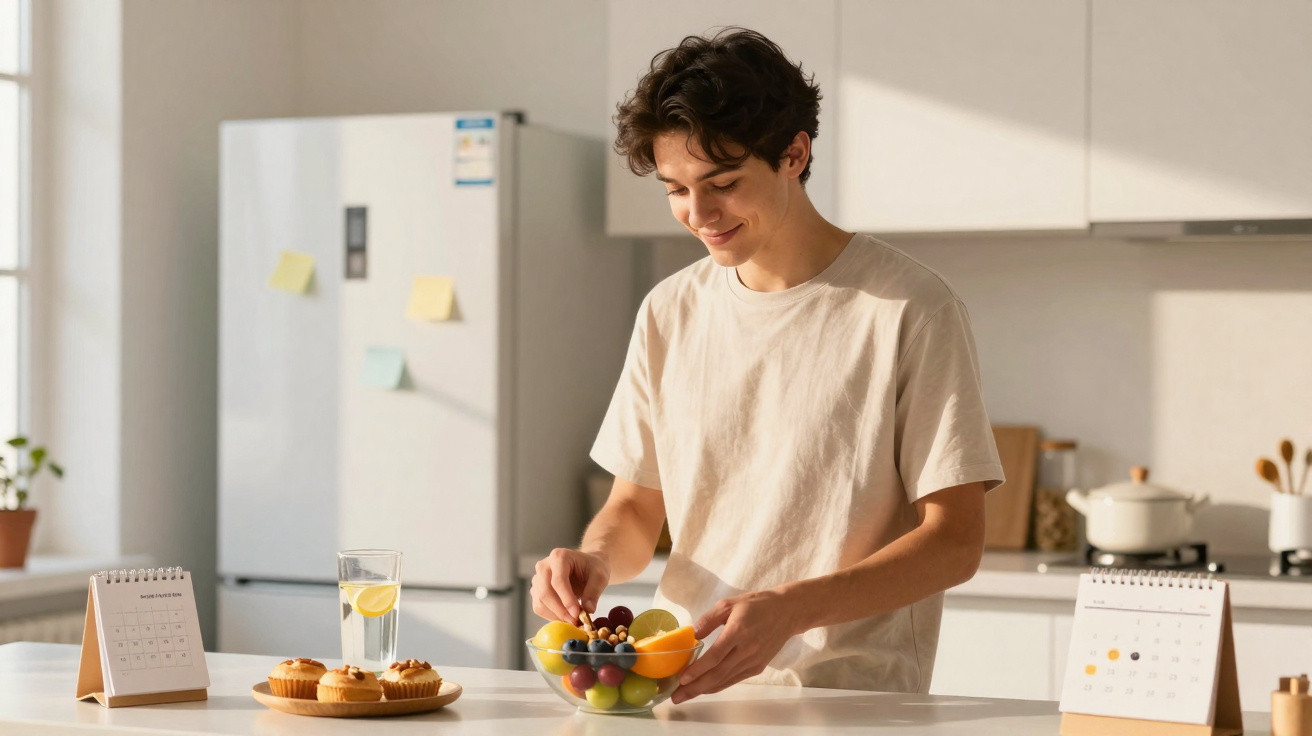 Homem jovem prepara uma salada de frutas numa cozinha moderna e iluminada.