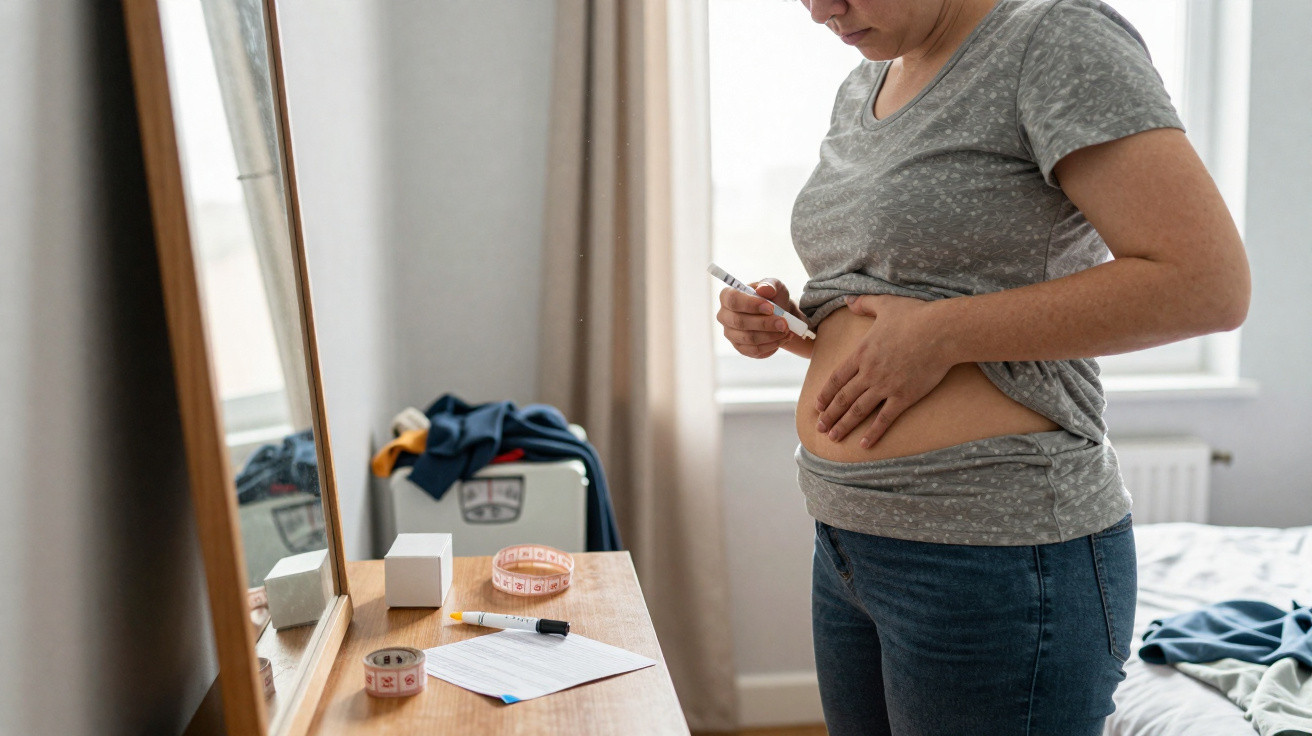 Pessoa a aplicar uma injeção abdominal em quarto com espelho e acessórios de saúde na mesa.