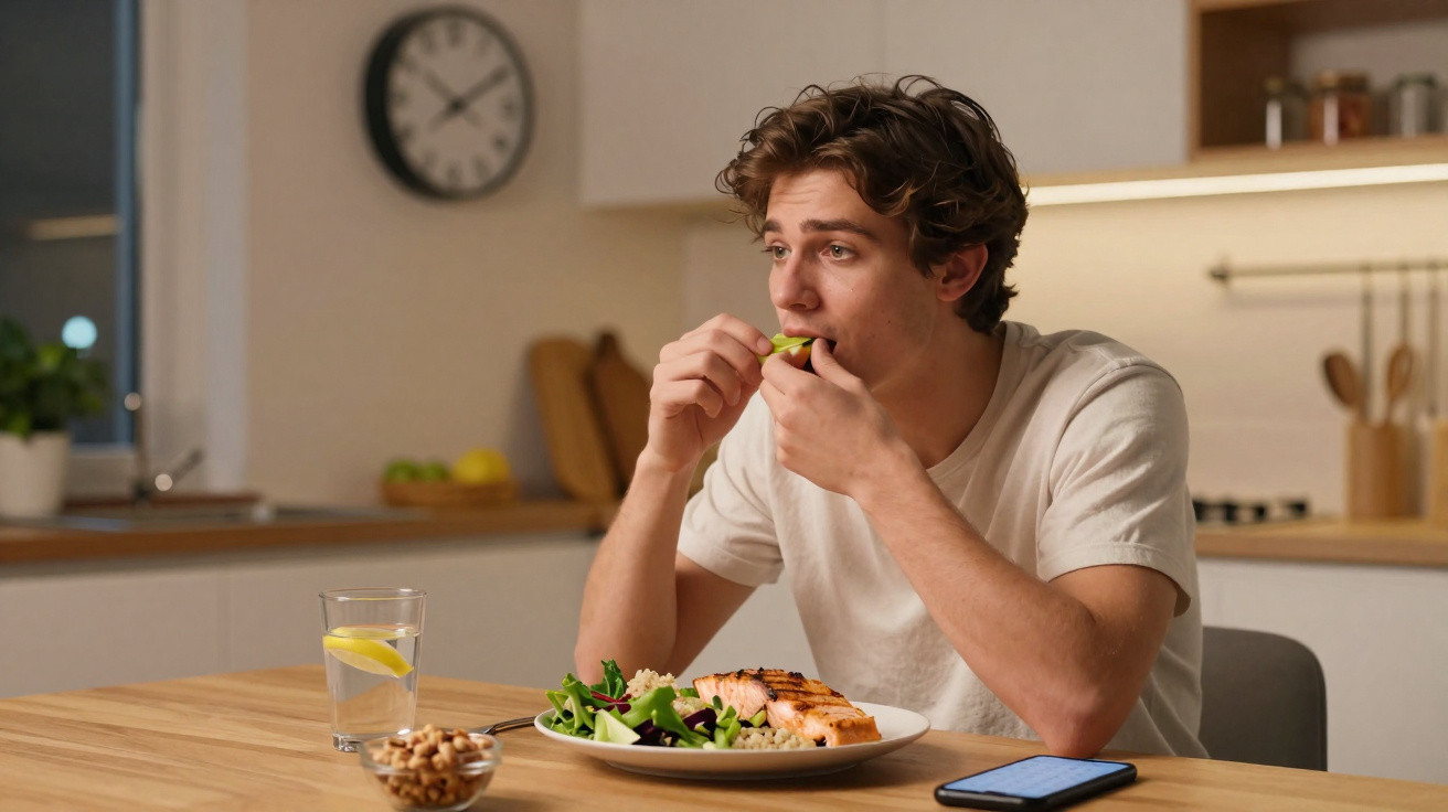 Jovem a comer uma salada com salmão na cozinha, com um copo de água e smartphone na mesa.
