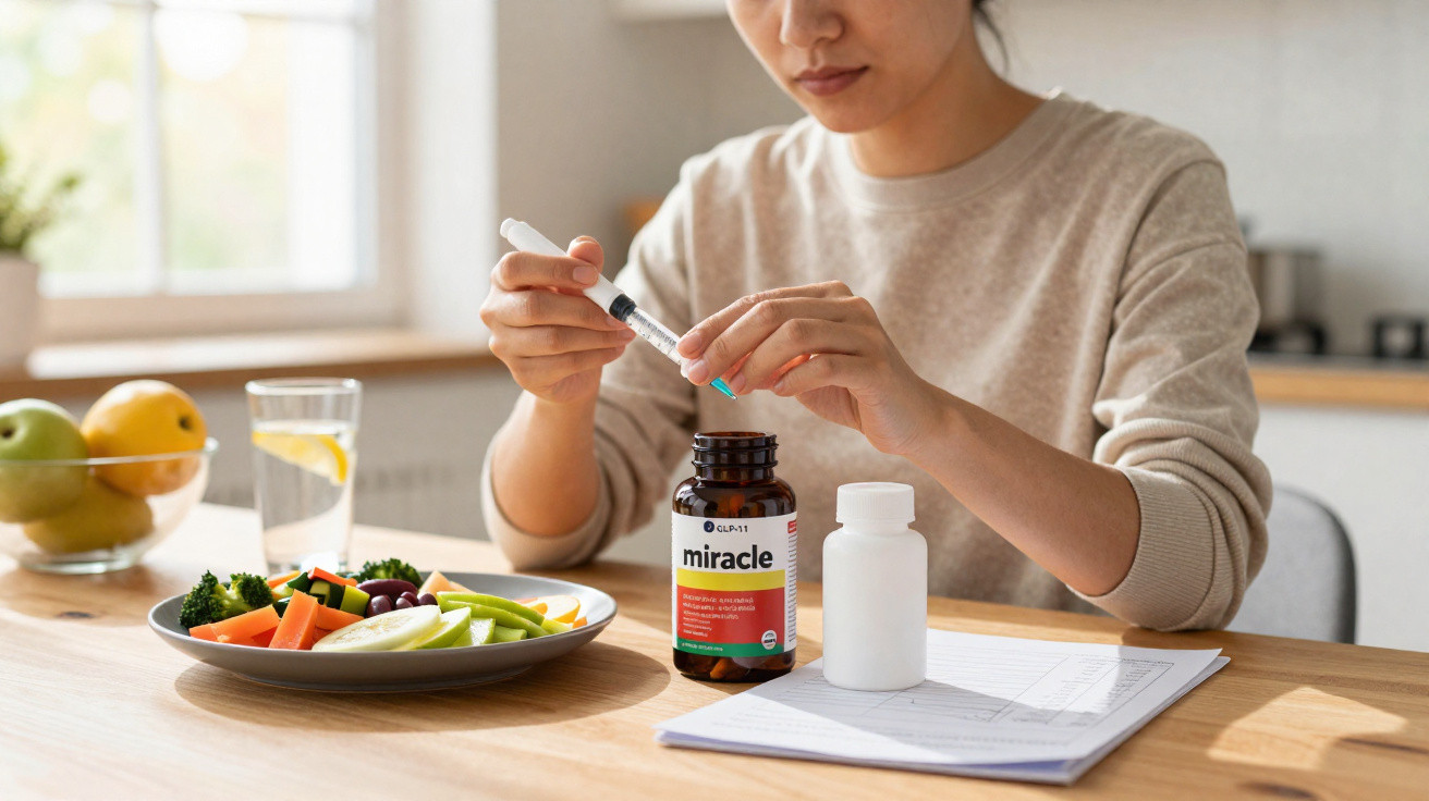 Pessoa a tomar suplemento Miracle em comprimido junto a prato de vegetais e copo de água com limão.