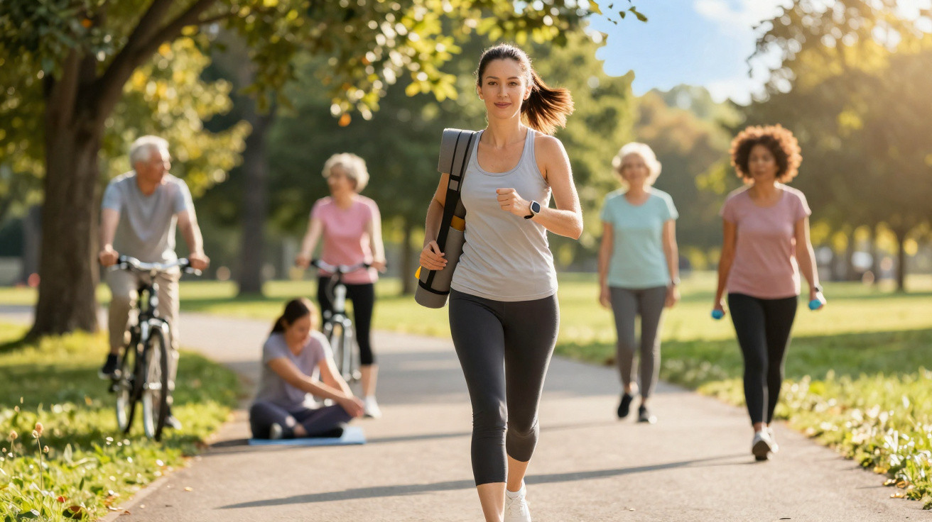Mulher jovem a correr num parque, com tapete de yoga ao ombro, enquanto outras pessoas caminham e andam de bicicleta.