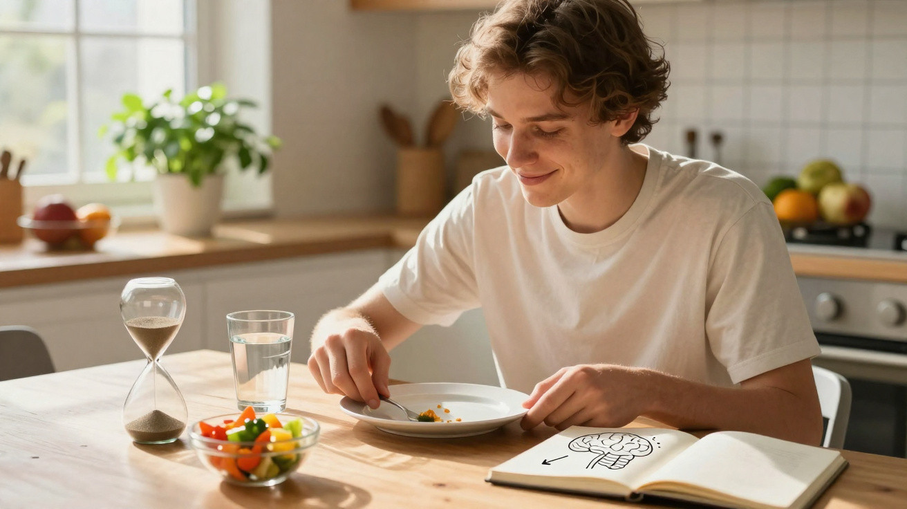 Jovem sentado à mesa a comer legumes, com copo de água, ampulheta e caderno aberto com desenho de cérebro.