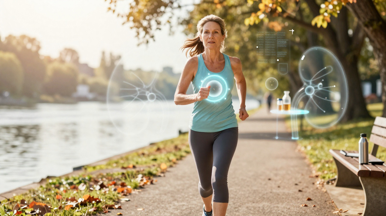 Mulher madura a correr num parque junto a um rio com gráficos de saúde digitais visíveis.