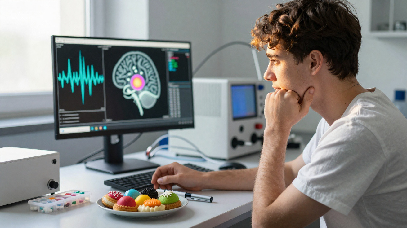 Jovem a analisar atividade cerebral num computador, com doces coloridos à sua frente numa mesa de laboratório.