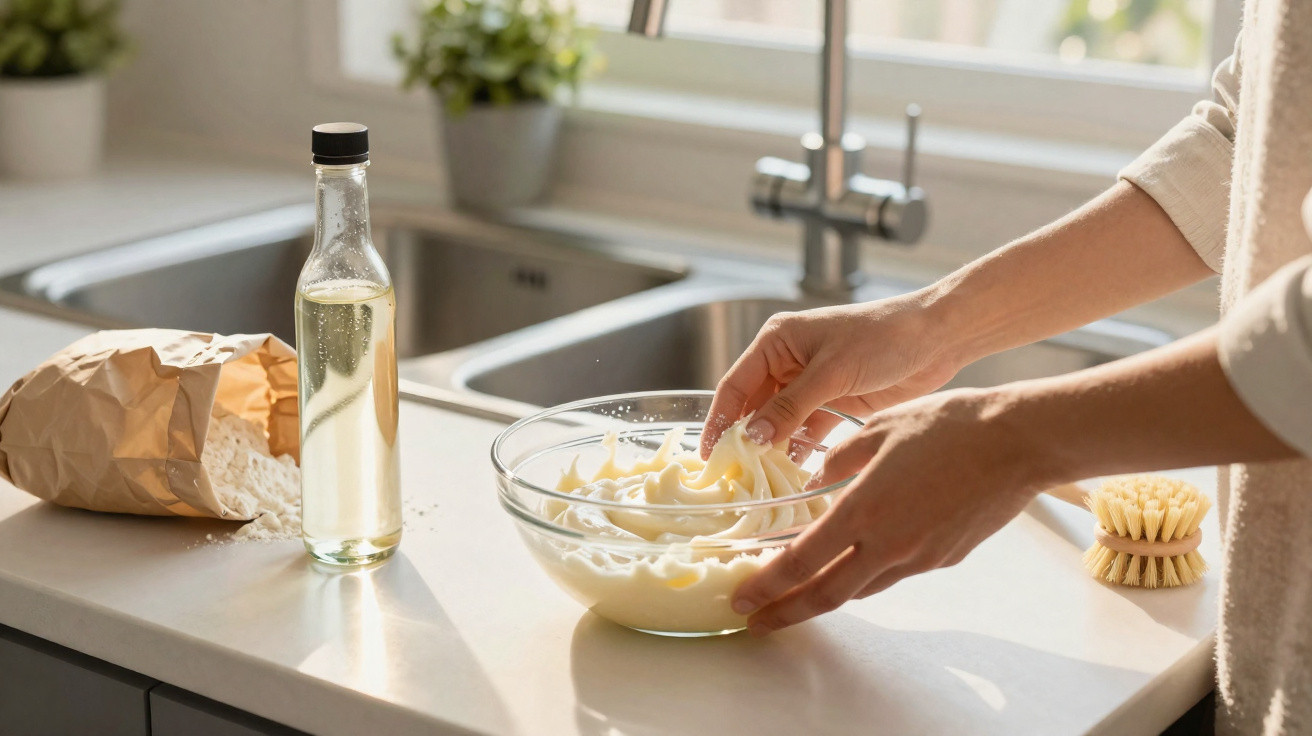 Pessoa a fazer creme com farinha e óleo numa tigela de vidro na cozinha iluminada pela janela.