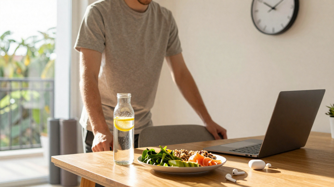 Pessoa em camiseta cinza junto a mesa com prato de comida, garrafa de água com limão, portátil e auscultadores.