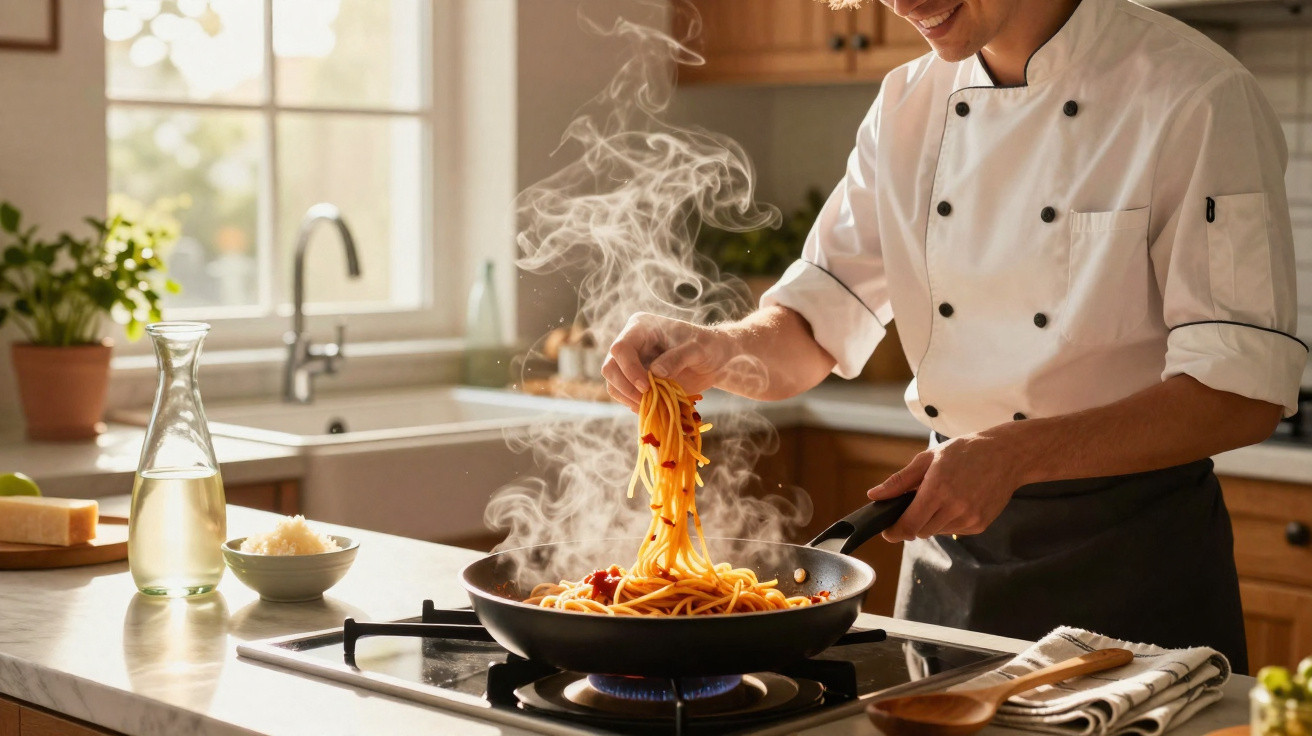 Chef segurando esparguete fumegante na frigideira numa cozinha bem iluminada natural.