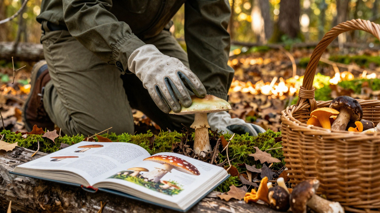 Pessoa com luvas a colher cogumelos na floresta, com cesto cheio e livro de identificação aberto.