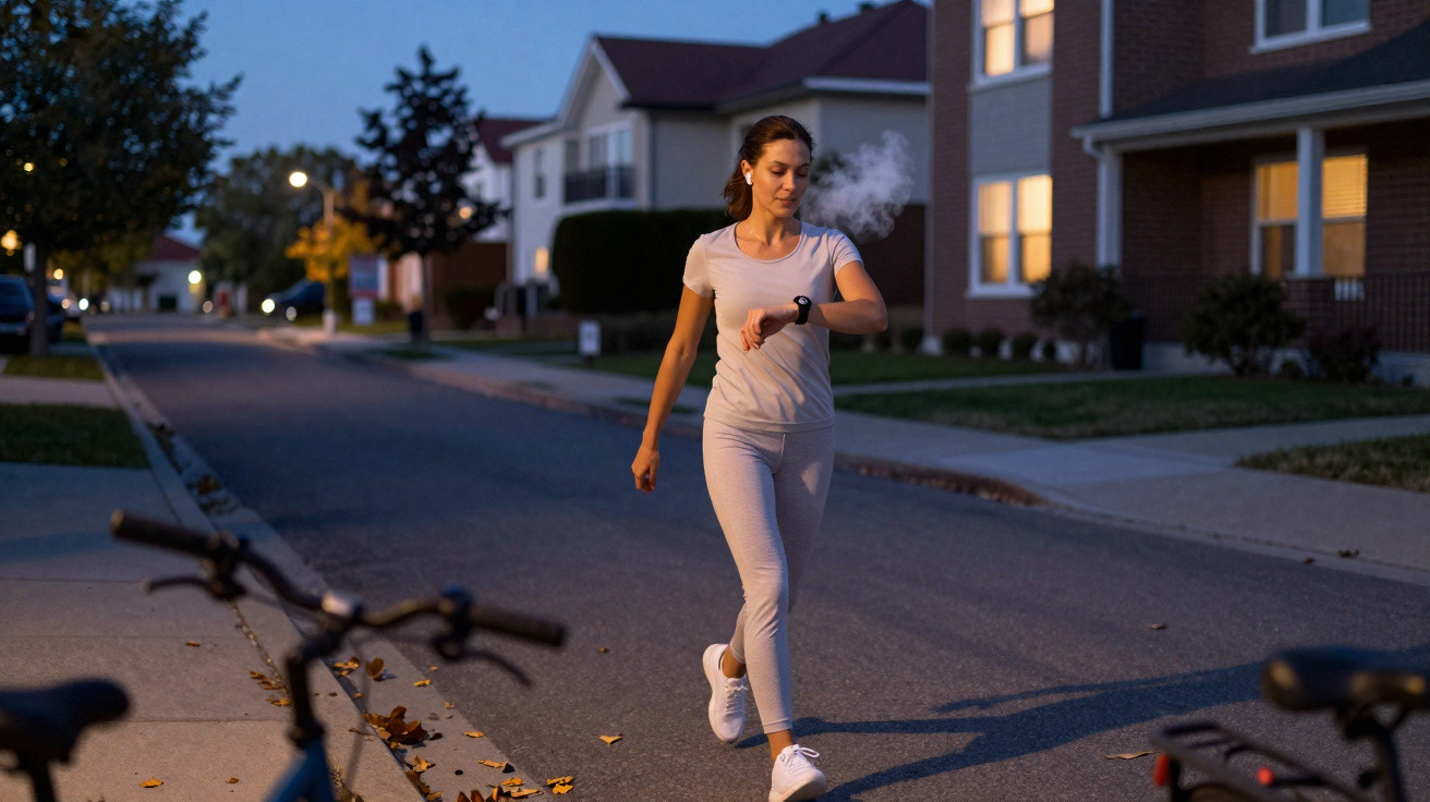 Mulher a correr ao ar livre ao entardecer, a checar o relógio no pulso, num bairro residencial tranquilo.