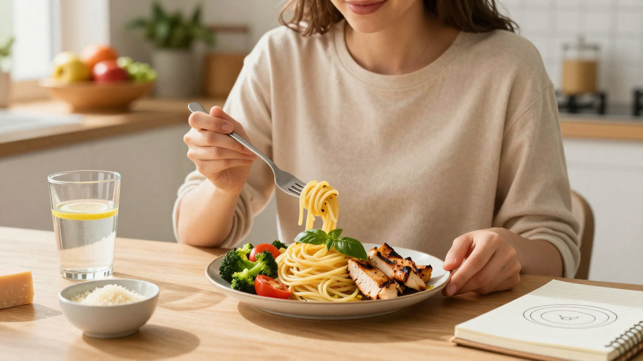 Mulher a comer esparguete com legumes e frango grelhado numa cozinha iluminada.