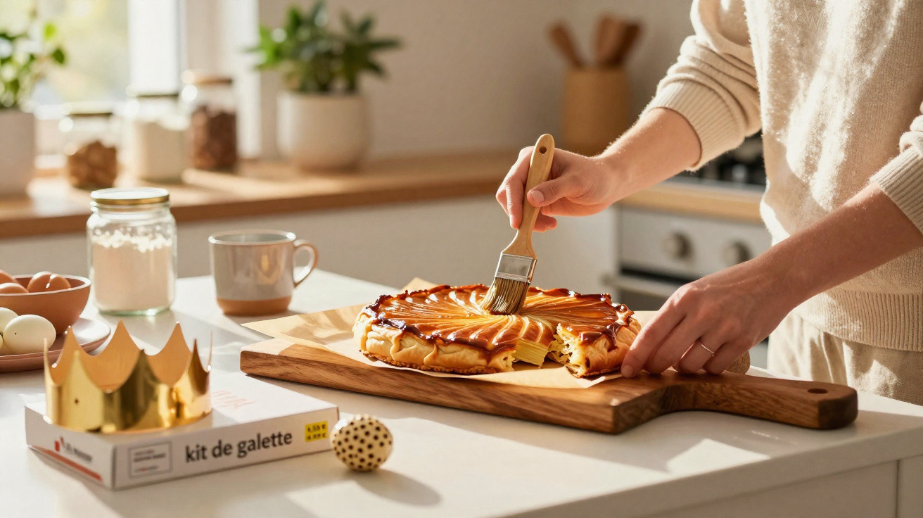 Pessoa a barrar galette des rois numa cozinha com utensílios e coroa dourada na bancada.
