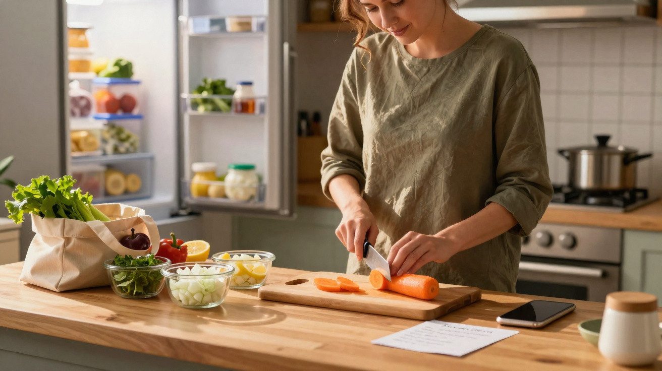 Mulher a cortar cenoura numa cozinha moderna com legumes e ingredientes frescos à volta.