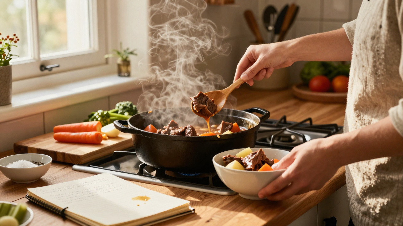 Pessoa a servir cozido fumegante numa taça numa cozinha luminosa com legumes e livro aberto na bancada.