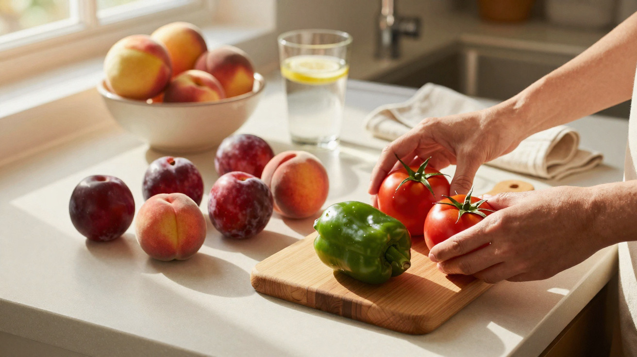Mãos a pousar tomates num tabuleiro de madeira, com pimentos, pêssegos e ameixas numa bancada de cozinha iluminada.