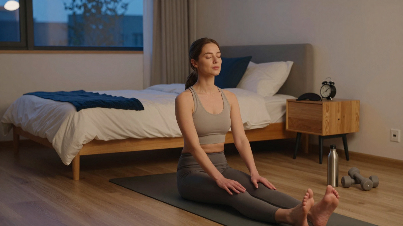 Mulher a meditar sentada em tapete de yoga no quarto com luz suave ao fundo.