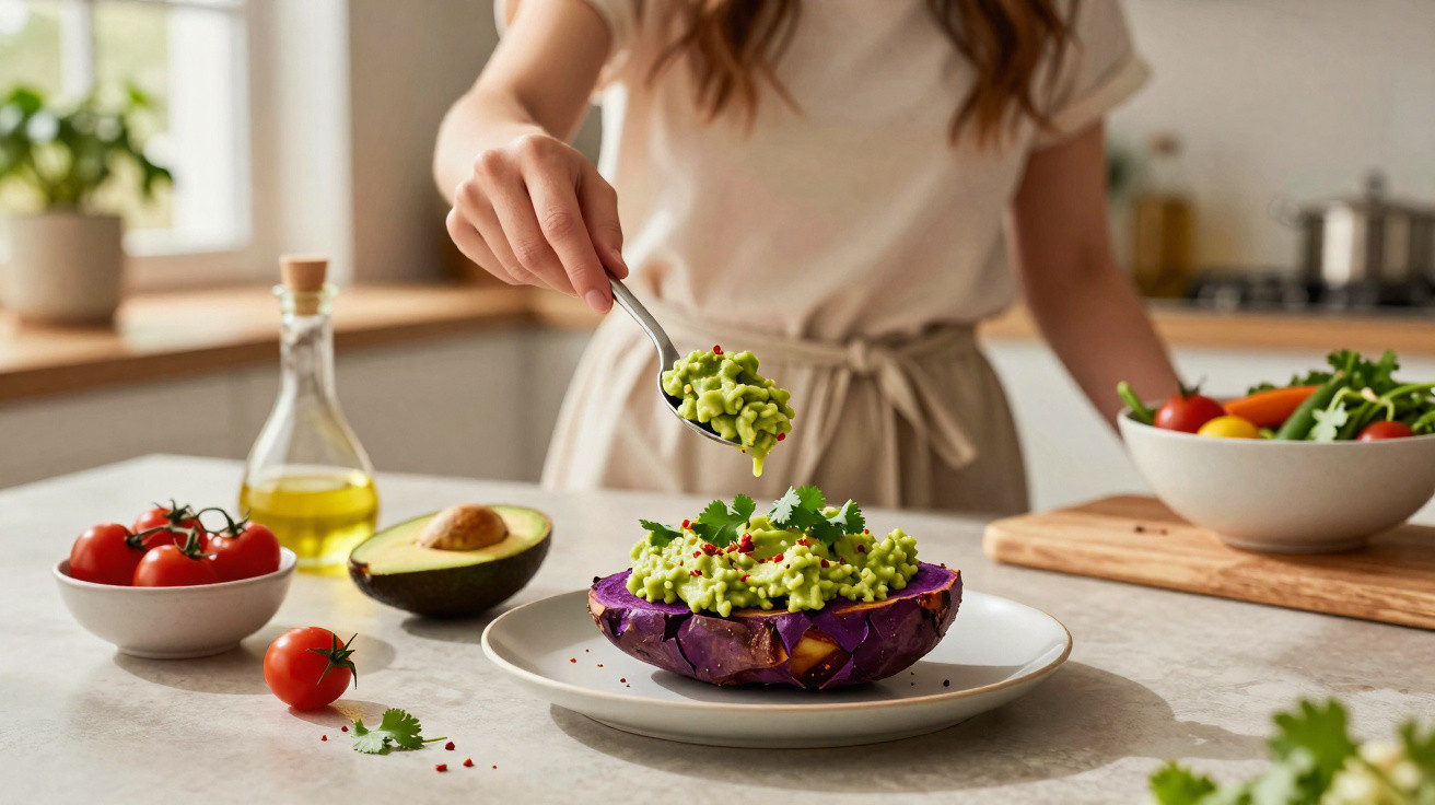 Pessoa a colocar guacamole numa batata-doce assada, com tomate, abacate e azeite ao fundo na cozinha.