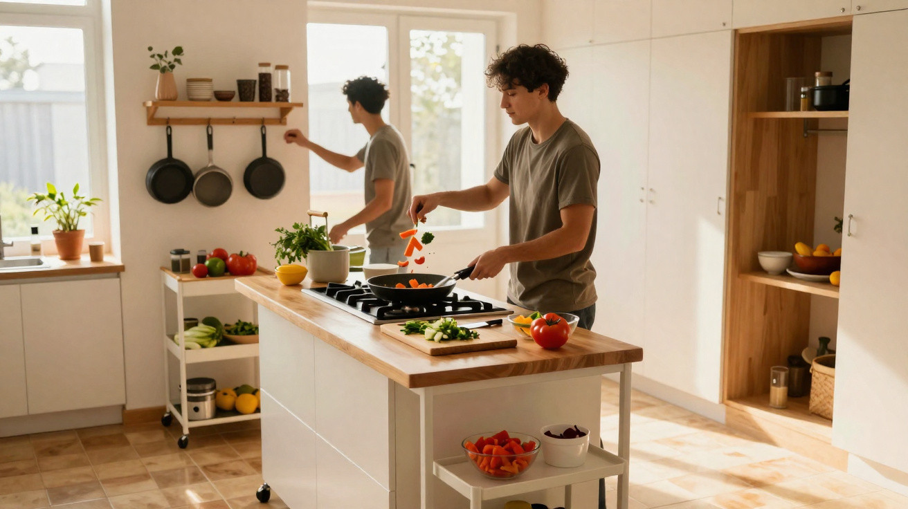 Jovem a cozinhar legumes numa cozinha moderna e iluminada com utensílios pendurados e plantas ao fundo.