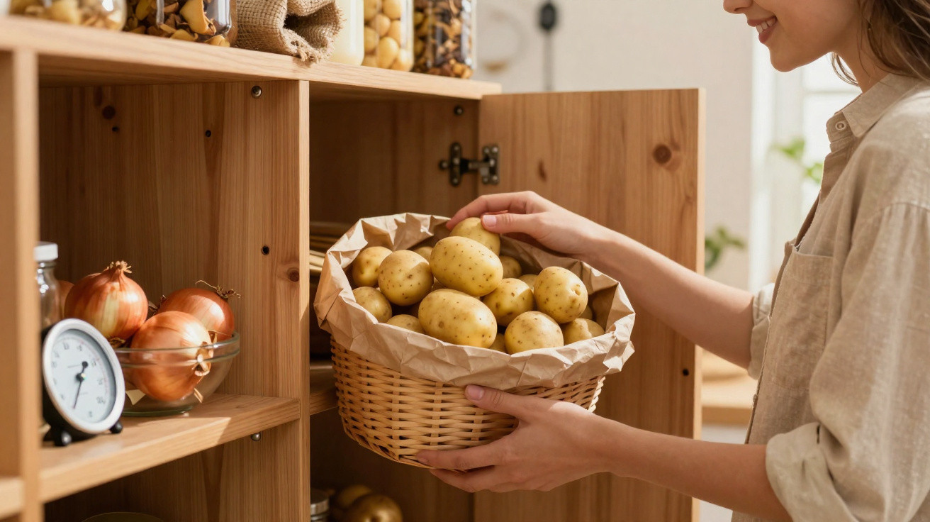 Pessoa a guardar cesto com batatas numa despensa de madeira com cebolas e frascos de alimentos.