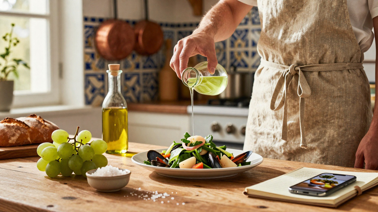 Pessoa a temperar salada com azeite numa cozinha rústica, com uvas, pão e smartphone na mesa.