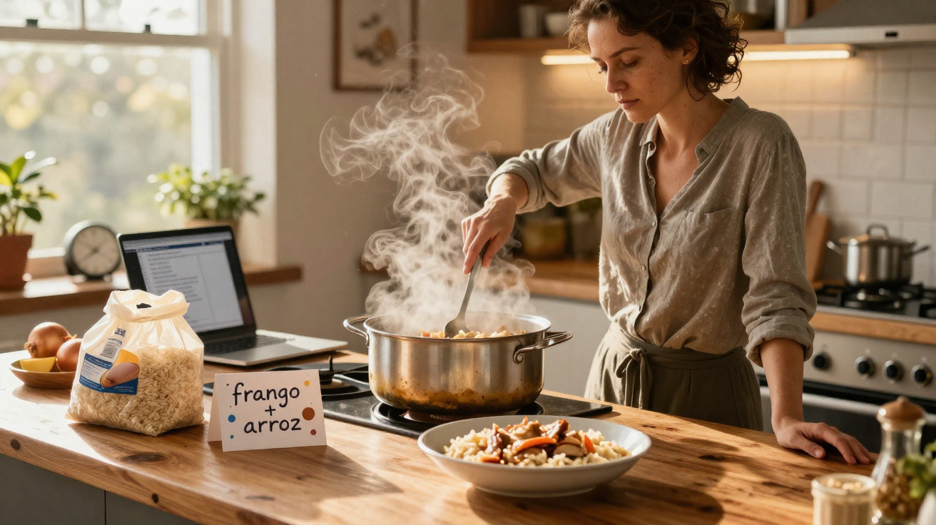 Mulher cozinha frango com arroz numa panela fumegante numa cozinha luminosa e moderna.