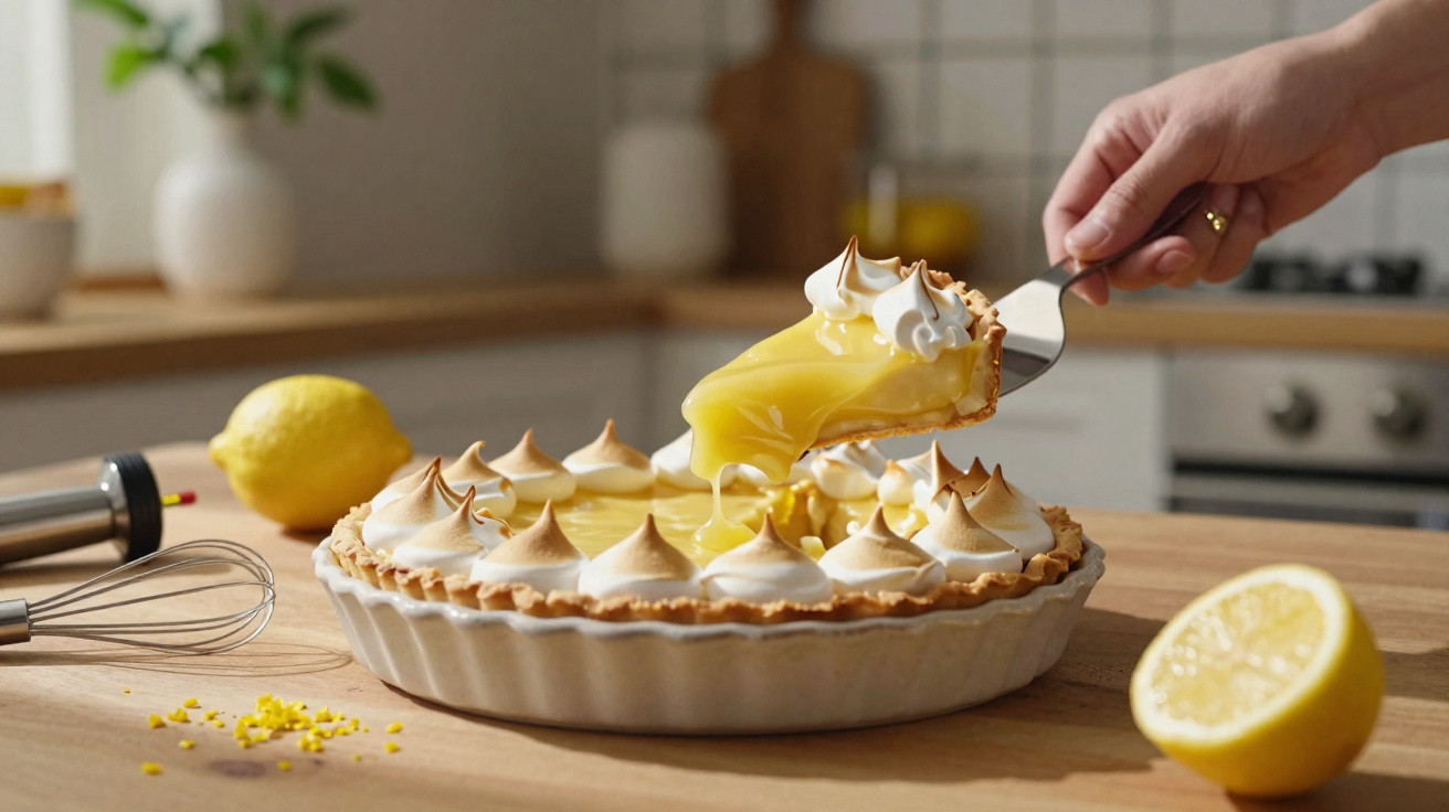 Tarte de limão com merengue a ser servida numa cozinha, com limões e utensílios ao fundo.