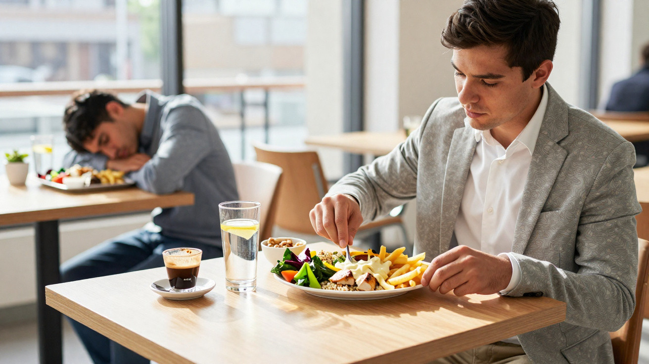 Homem a almoçar vestido com blazer cinzento enquanto outra pessoa adormecida numa mesa atrás.