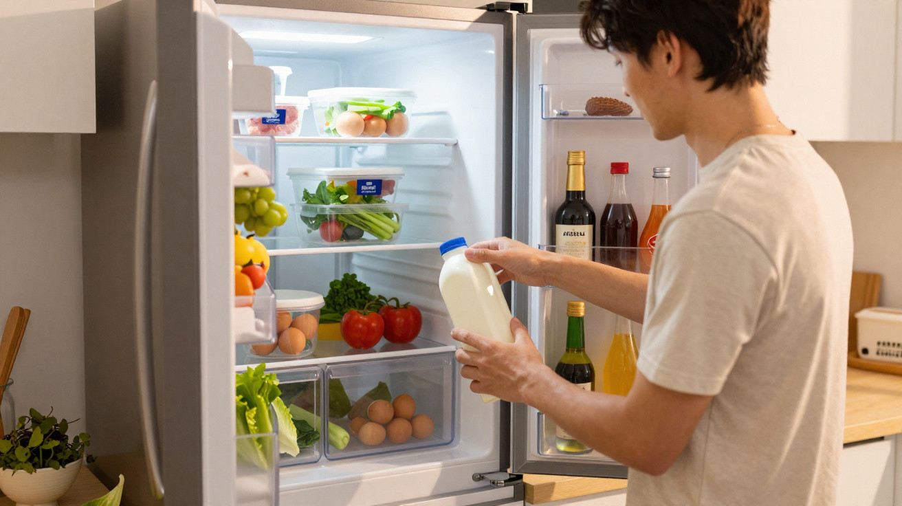 Homem a retirar uma embalagem de leite do frigorífico cheio com vegetais, ovos e bebidas.