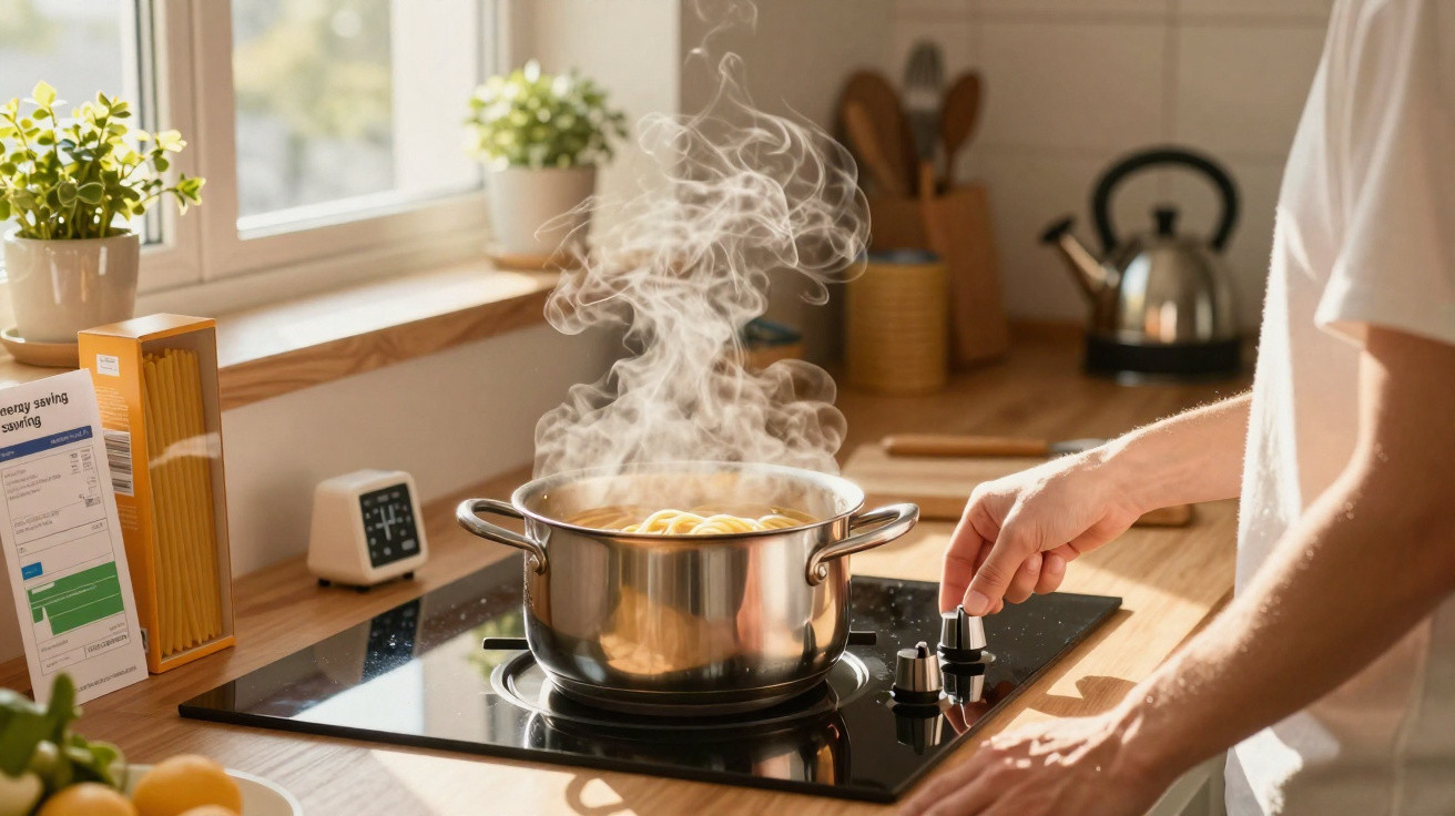 Pessoa a cozinhar massa num fogão elétrico com vapor a sair da panela em cozinha iluminada.