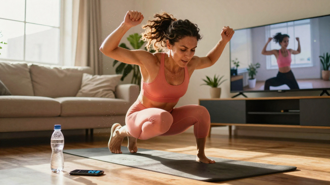 Mulher a fazer exercício em casa, acompanhando treino em vídeo na televisão, sobre tapete de yoga.
