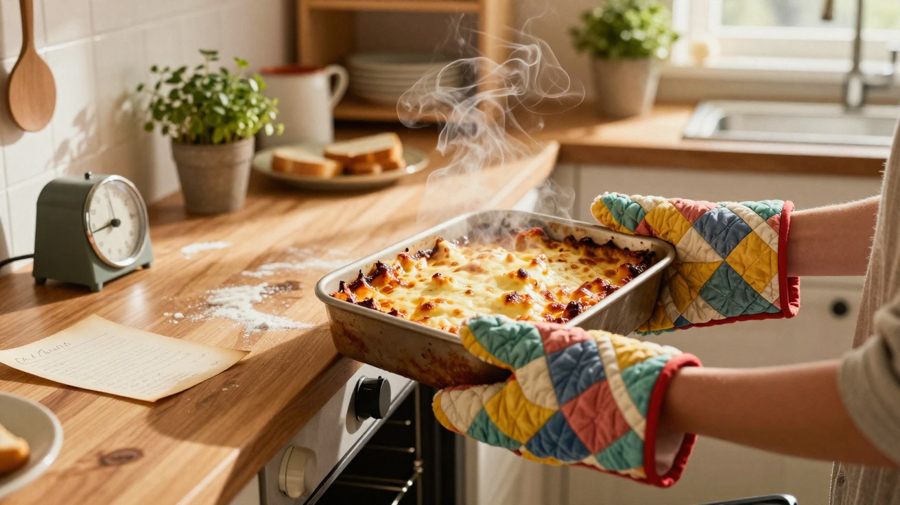 Pessoa com luvas de forno a retirar uma travessa fumegante de lasanha do forno numa cozinha iluminada.